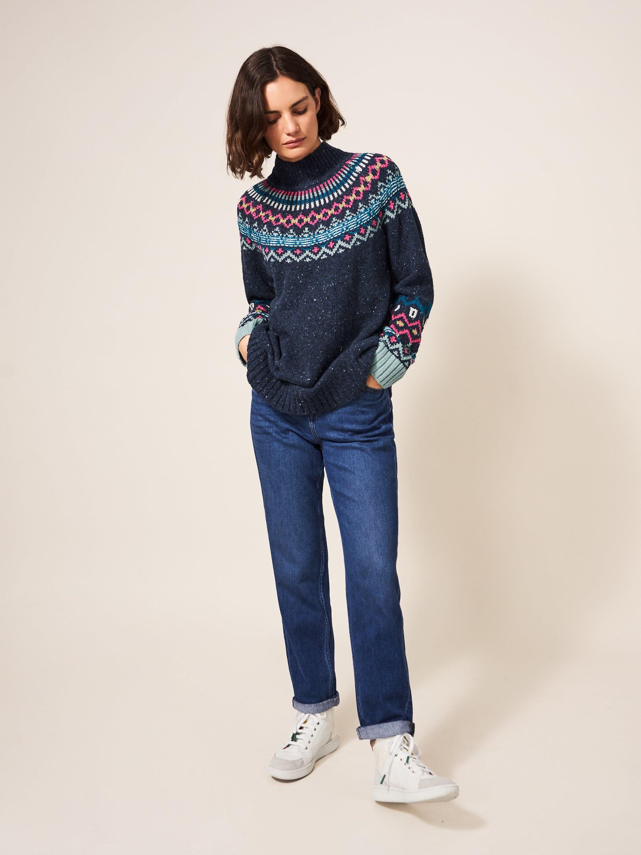 Isla Fairisle Jumper in NAVY MULTI - MODEL FRONT