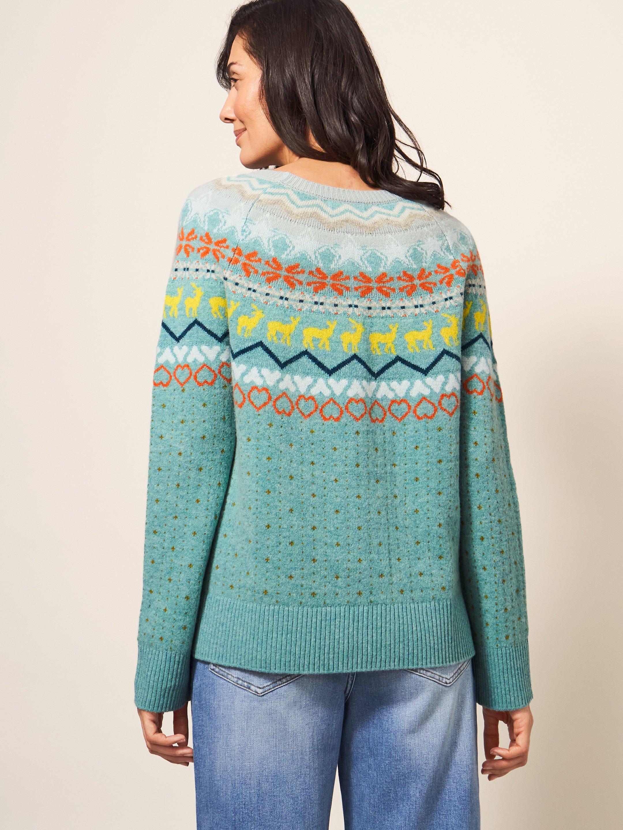 Winters Walk Jumper in TEAL MLT - MODEL BACK