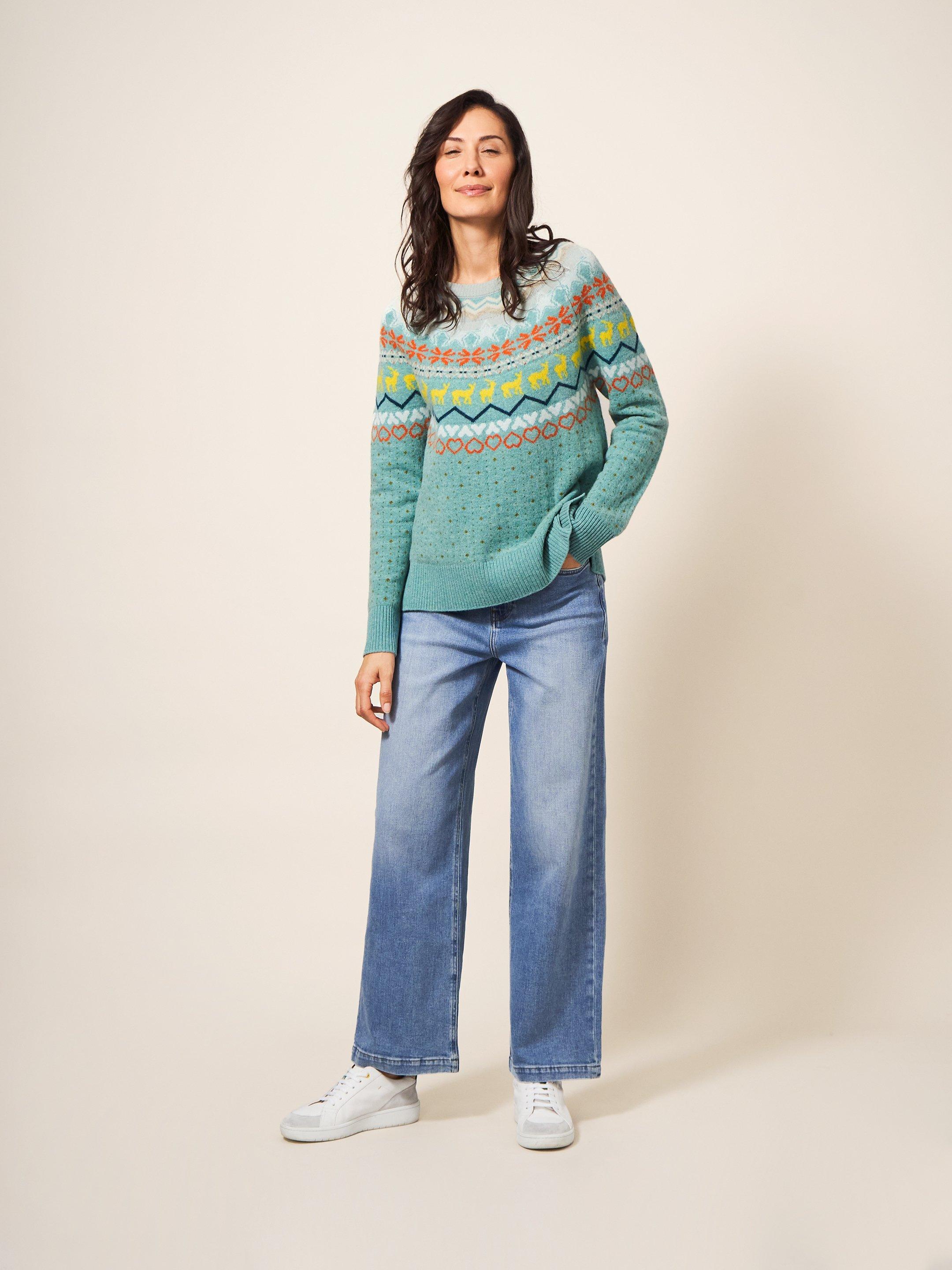 Winters Walk Jumper in TEAL MLT - MODEL FRONT