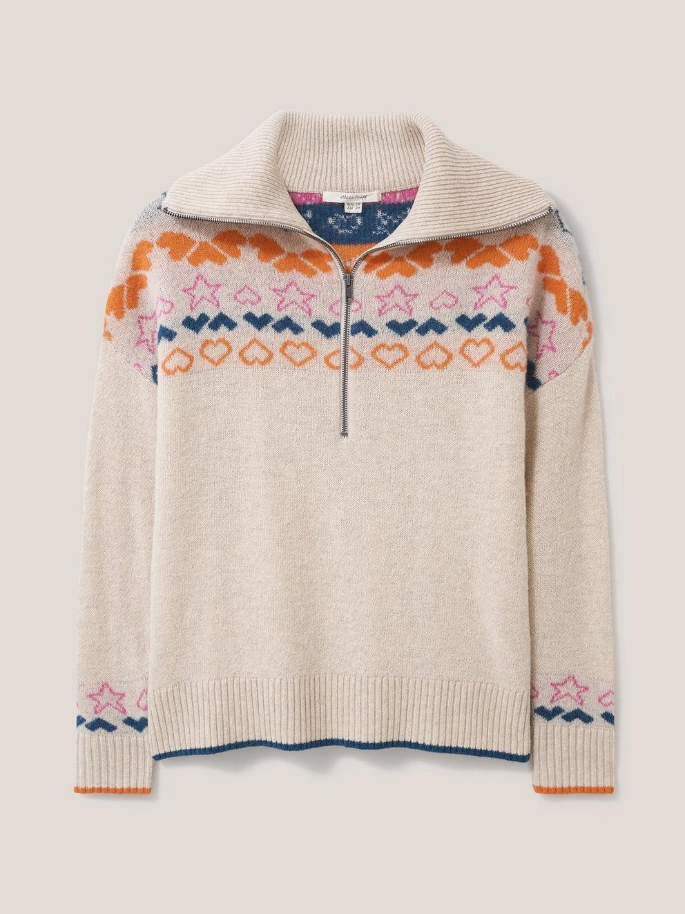 Nordic Heart Half Zip in NAT MLT - FLAT FRONT