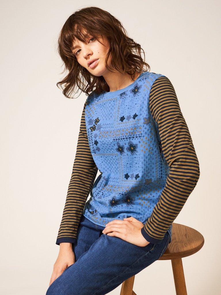 Cassie Print and Stripe Tee in BLUE MLT - LIFESTYLE