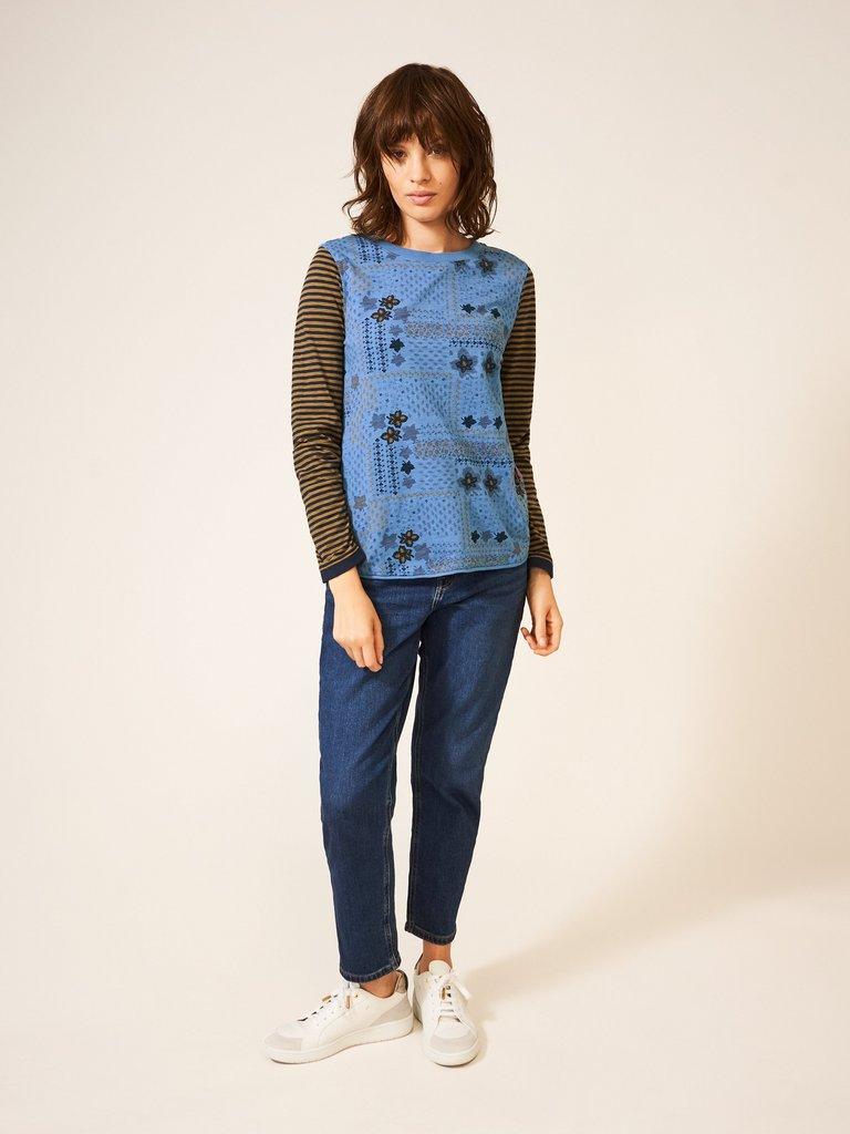 Cassie Print and Stripe Tee in BLUE MLT - MODEL FRONT