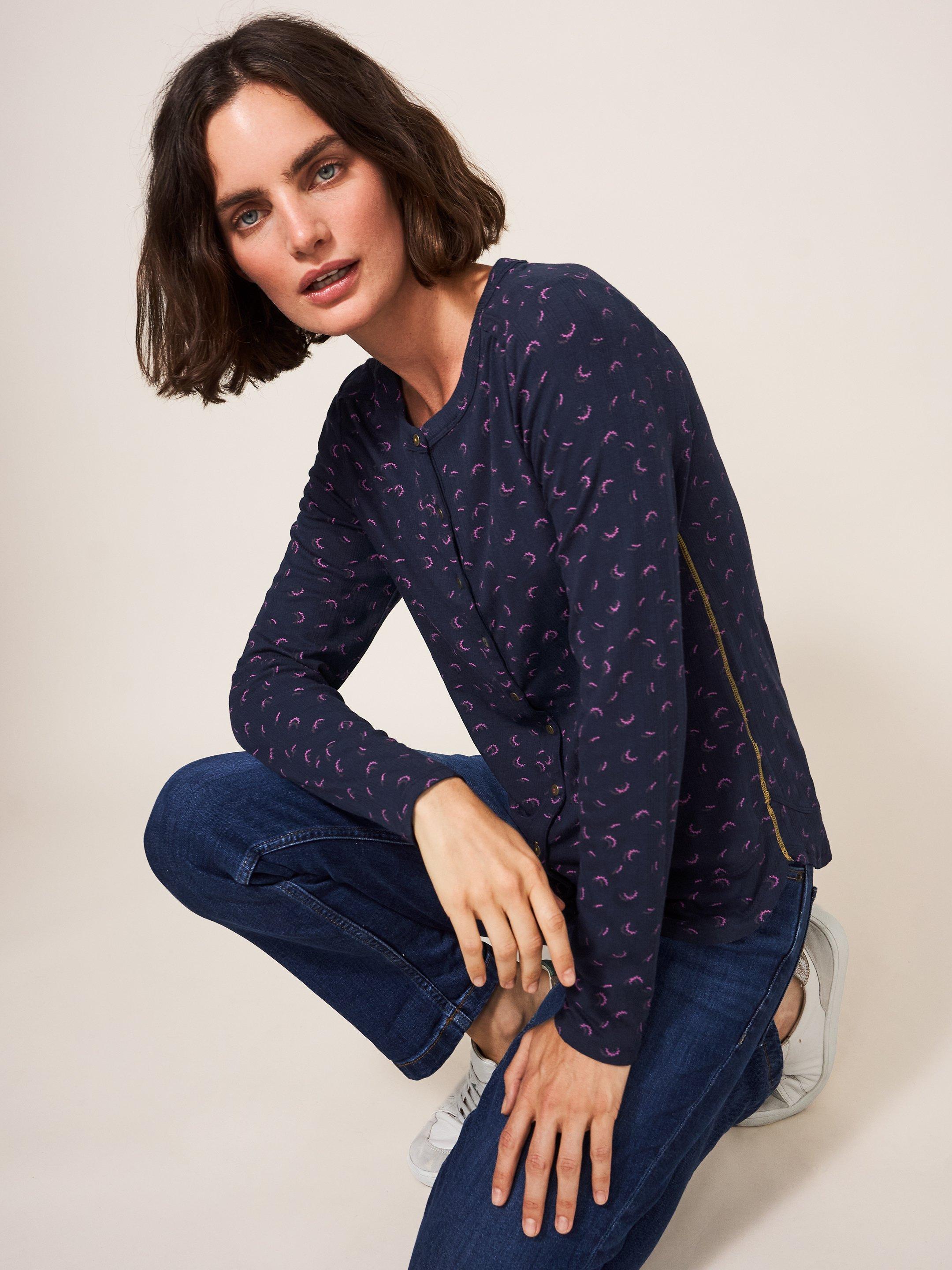Bobbi Button Jersey Top in NAVY MULTI - LIFESTYLE