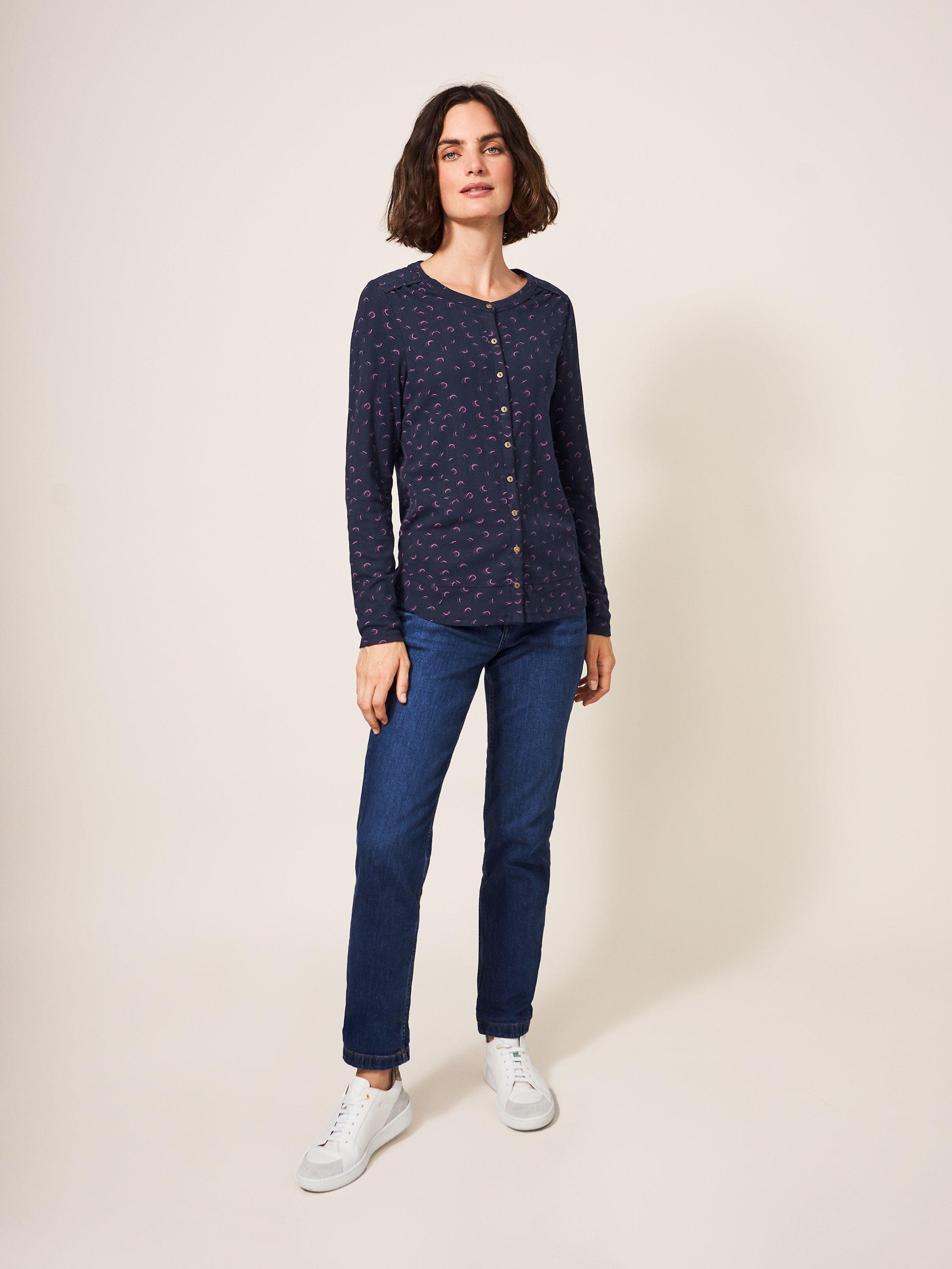Bobbi Button Jersey Top in NAVY MULTI - MODEL FRONT