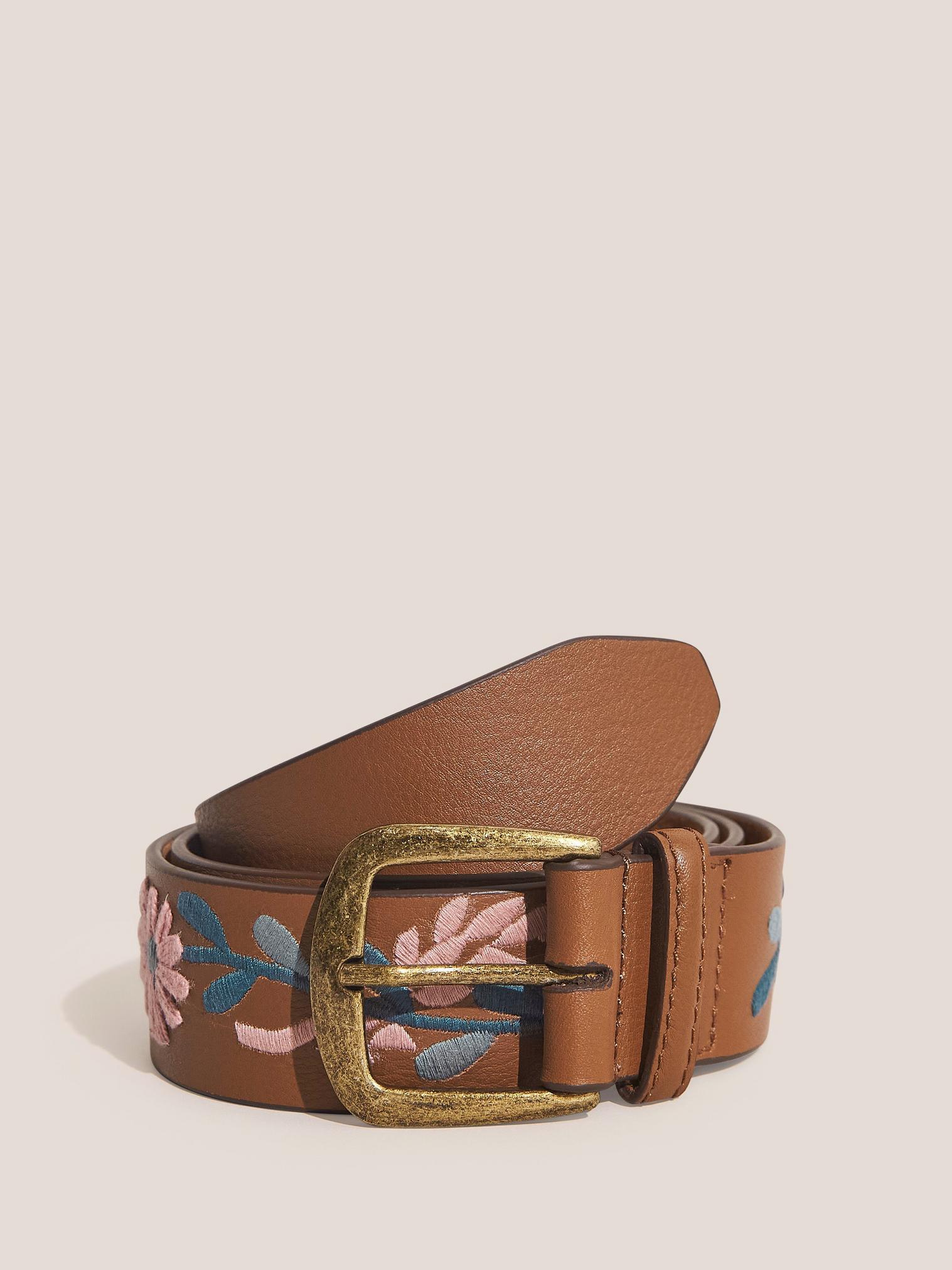 Floral Embroidered Belt in TAN MULTI - FLAT FRONT