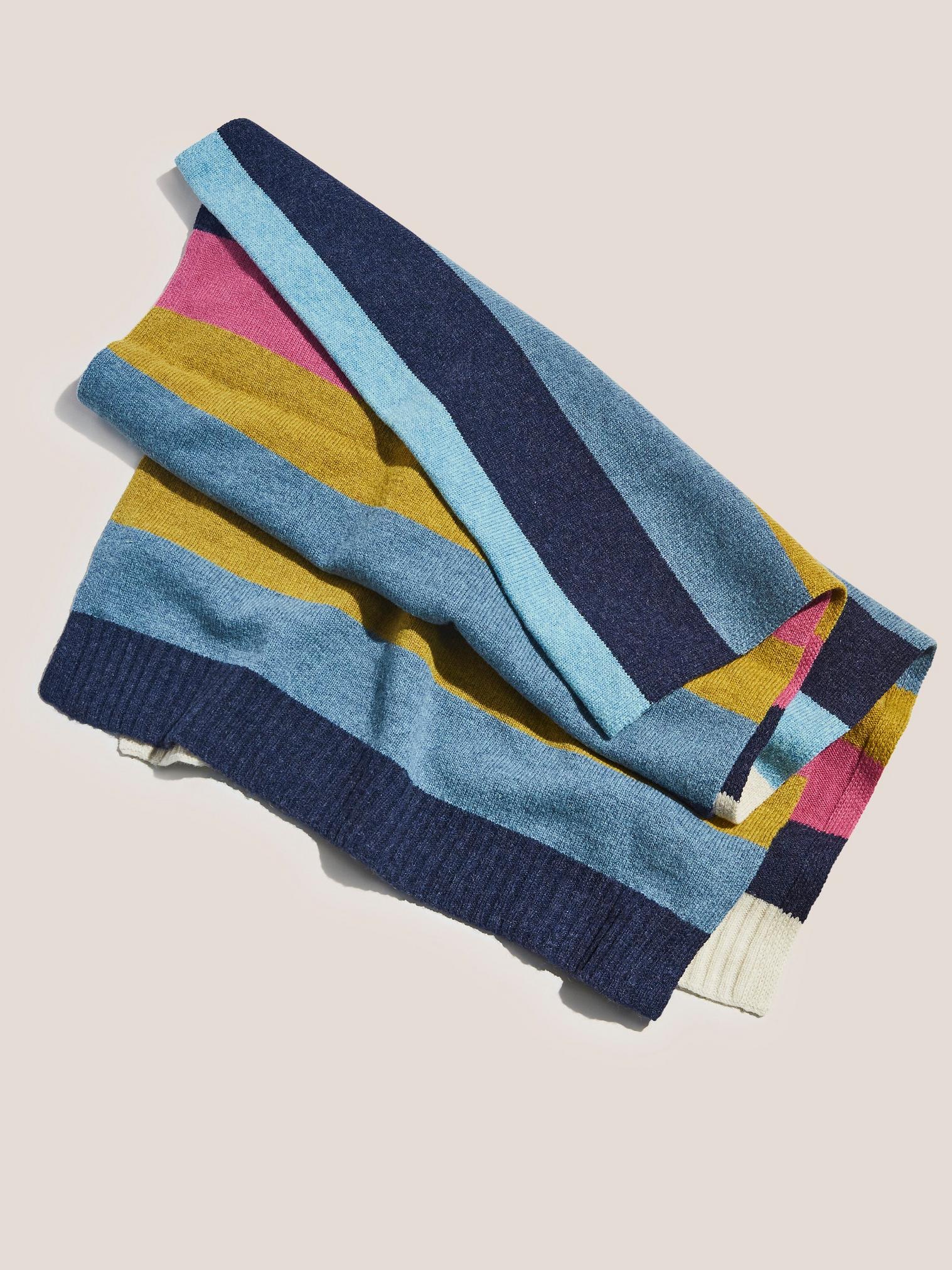 Multi Stripe Knitted Scarf in BLUE MLT - MODEL FRONT