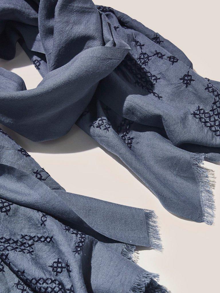 Cross Stitch Wool Mix Scarf in MID BLUE - FLAT DETAIL