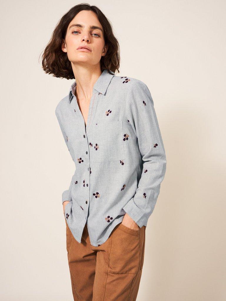 Serena Embroidered Shirt in GREY MLT - MODEL DETAIL