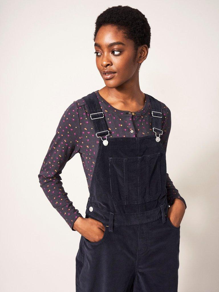 Kelly Wide Leg Cord Dungaree in DK GREY - MODEL FRONT