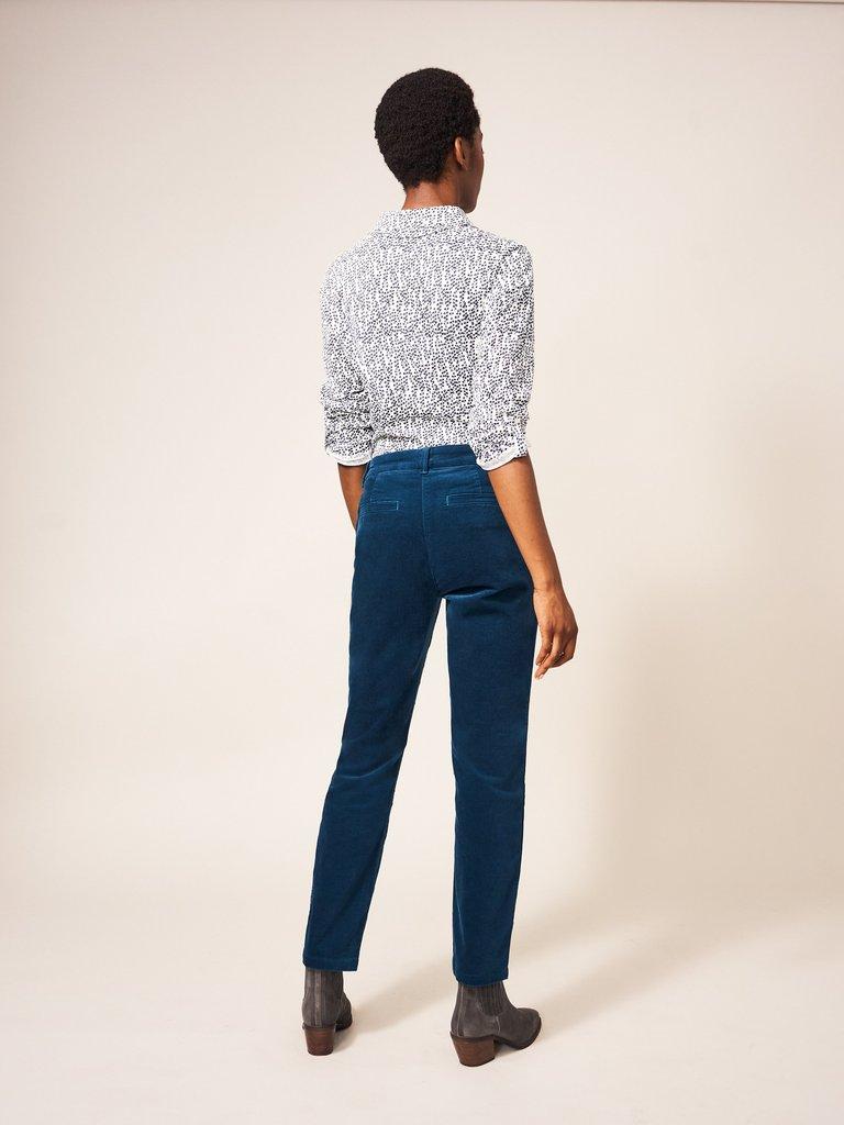 Sienna Stretch Velvet Trousers in DK TEAL - MODEL BACK