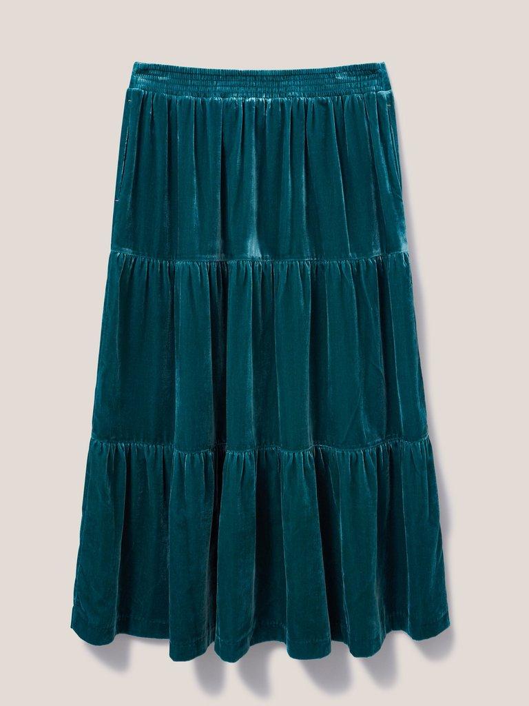 Mia Velvet Tiered Skirt in MID TEAL - FLAT BACK