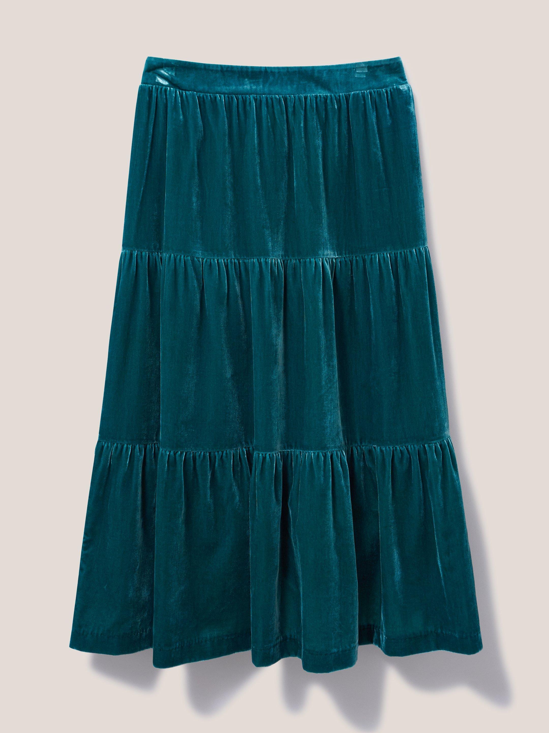 Mia Velvet Tiered Skirt in MID TEAL - FLAT FRONT
