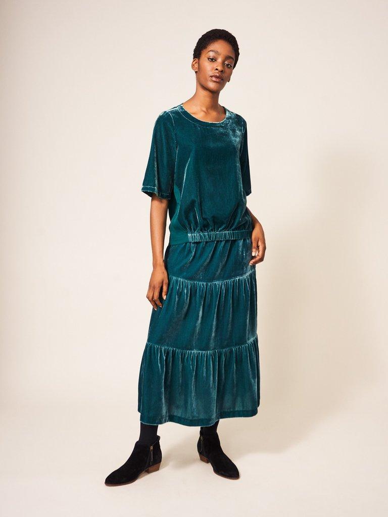 Mia Velvet Tiered Skirt in MID TEAL - LIFESTYLE