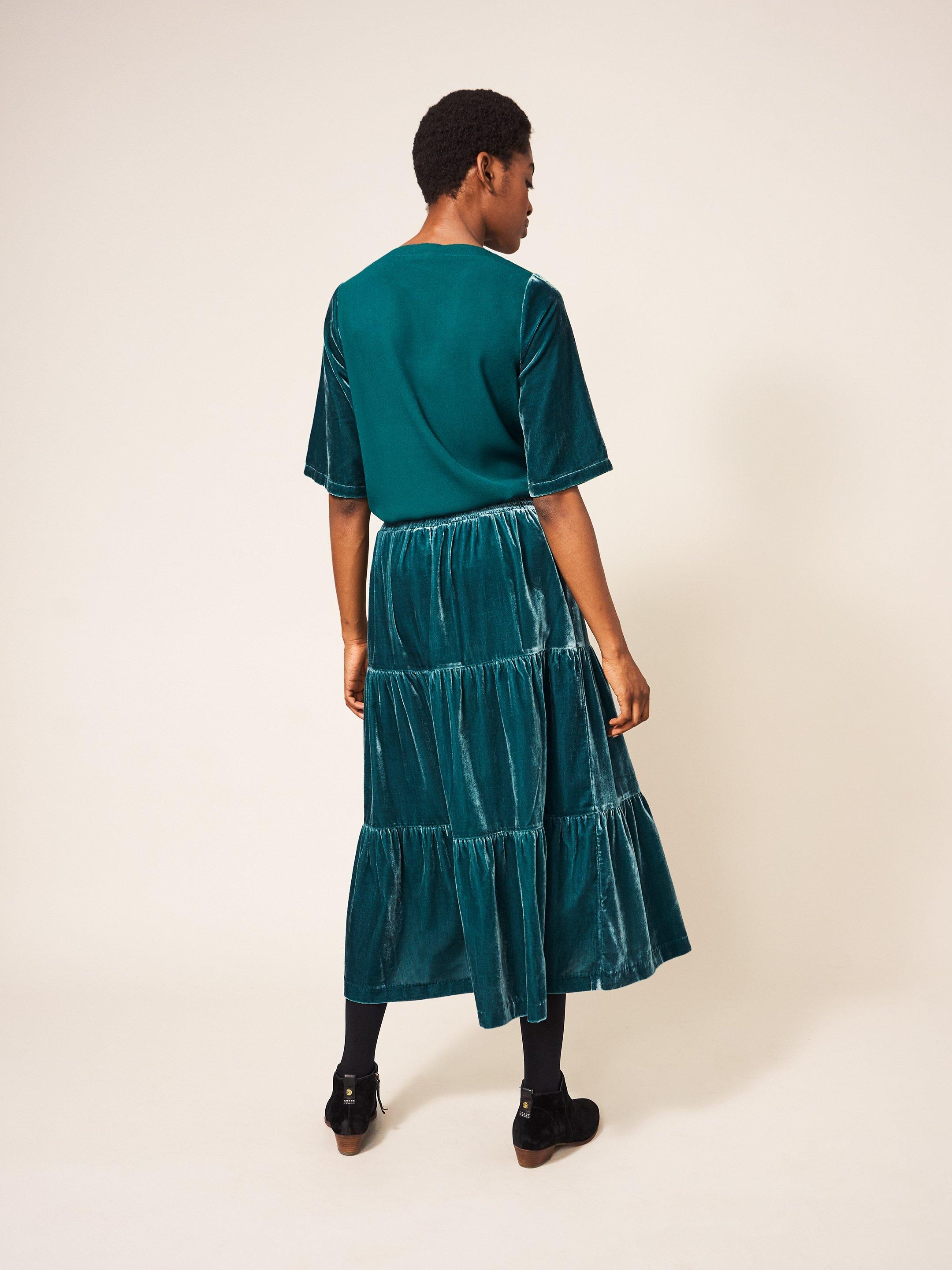 Mia Velvet Tiered Skirt in MID TEAL - MODEL BACK