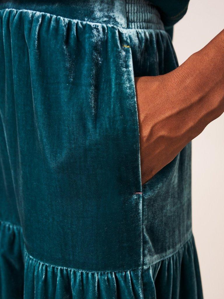 Mia Velvet Tiered Skirt in MID TEAL - MODEL DETAIL