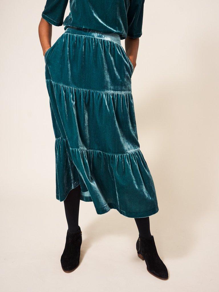 Mia Velvet Tiered Skirt in MID TEAL - MODEL FRONT