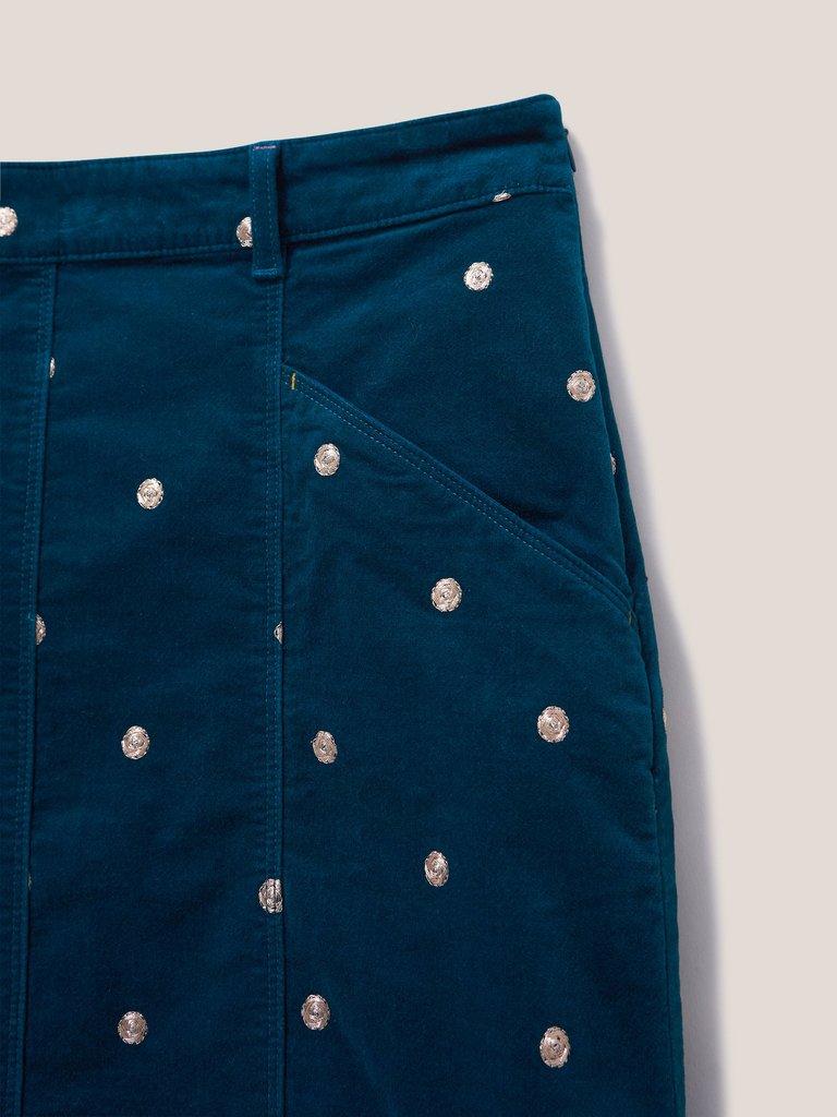 Josie Velvet Embroidered Skirt in MID TEAL - FLAT DETAIL