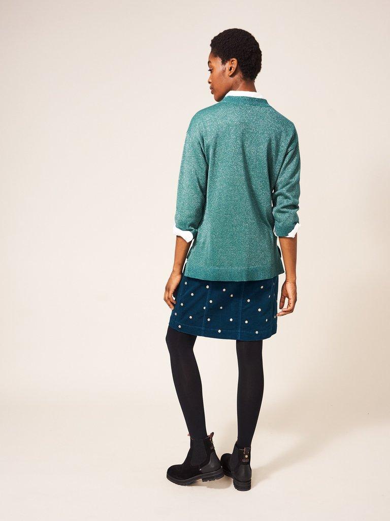 Josie Velvet Embroidered Skirt in MID TEAL - MODEL BACK