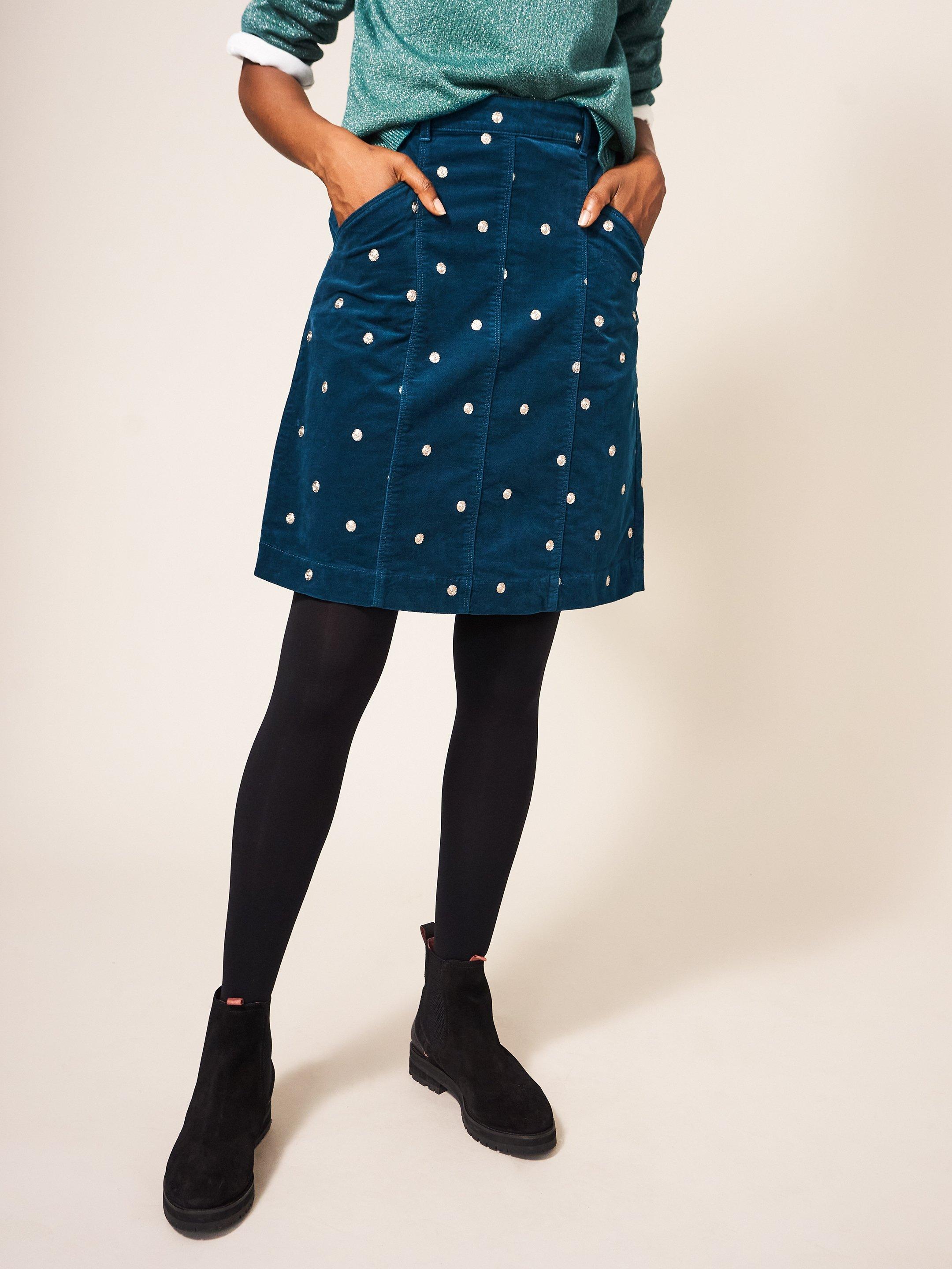 Josie Velvet Embroidered Skirt in MID TEAL - MODEL FRONT