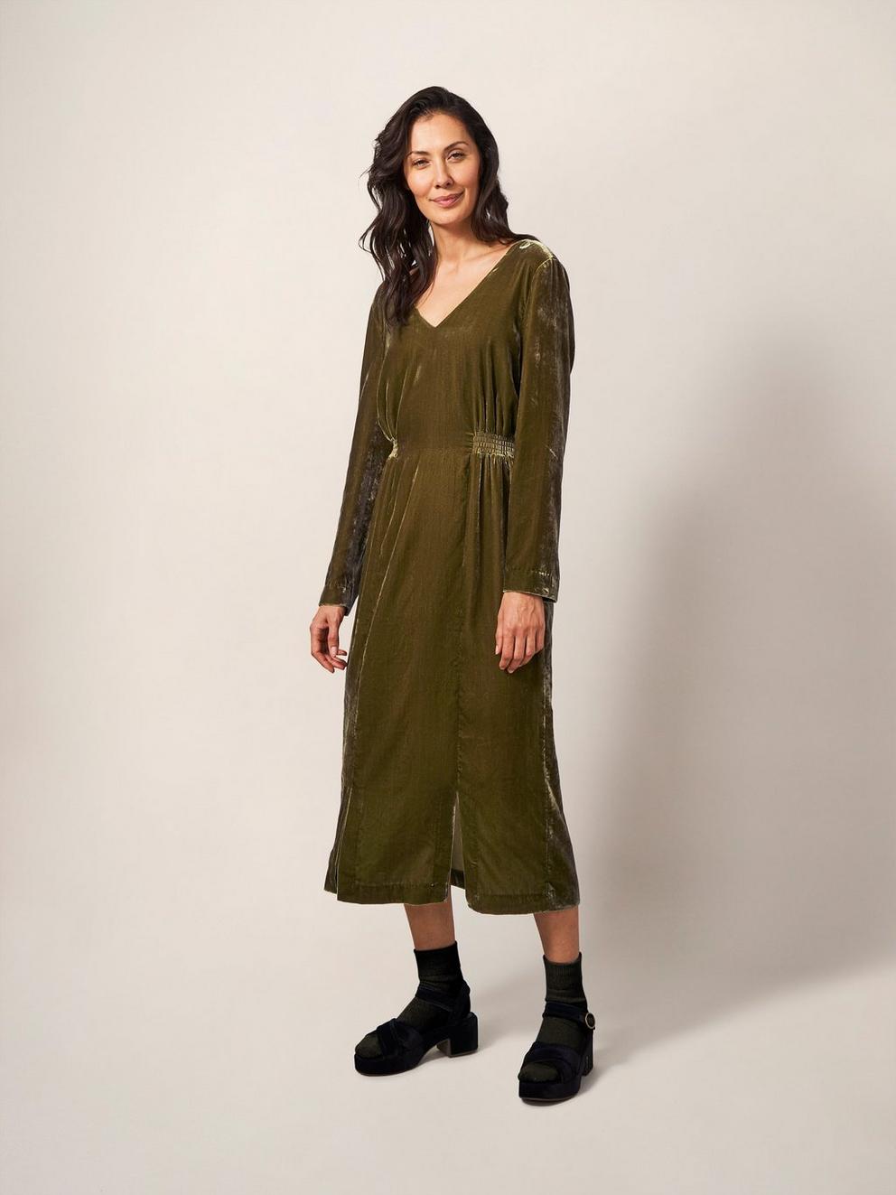 Nadia Velvet Dress in DK CHART - MODEL FRONT