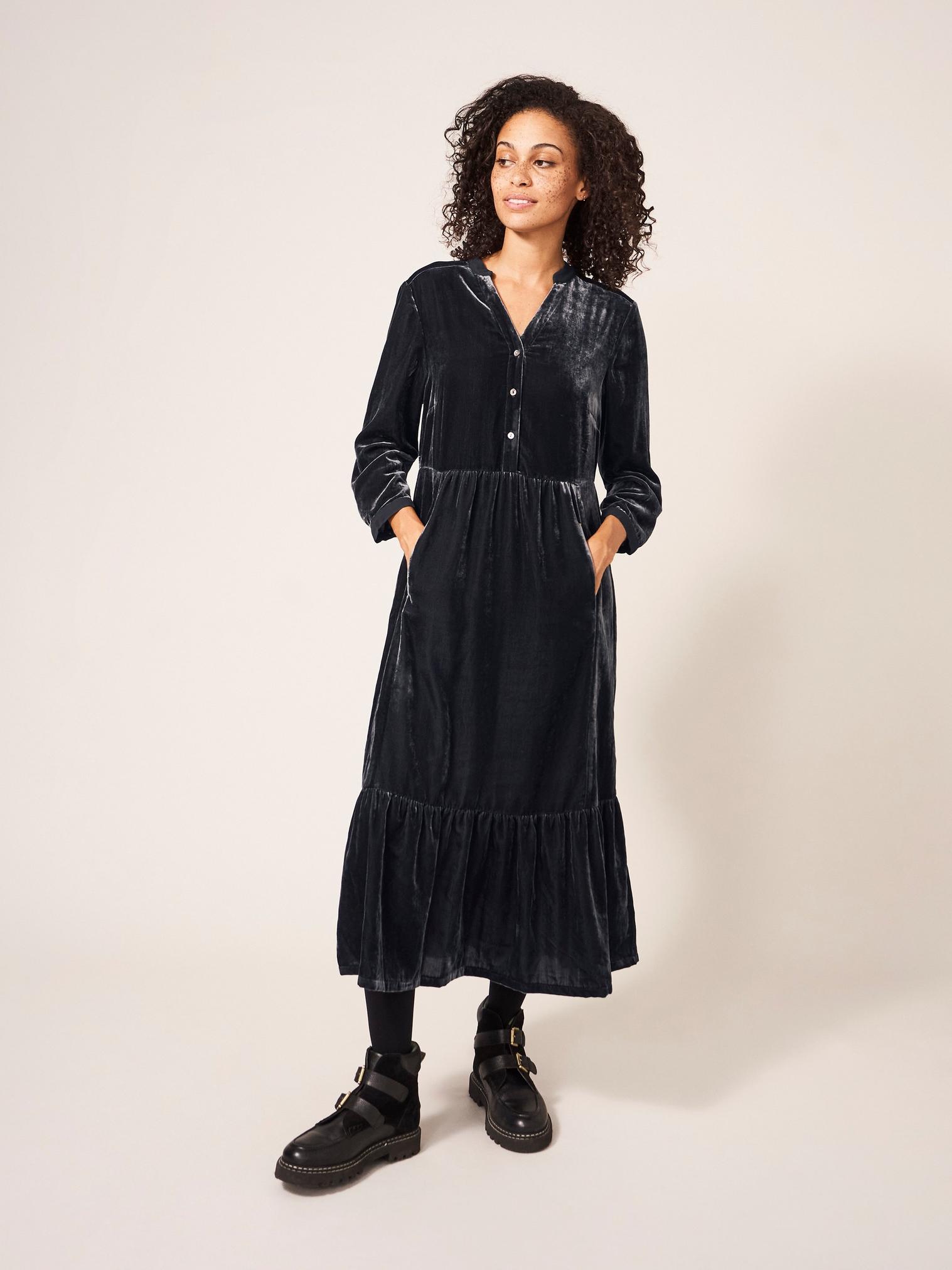 Naya Velvet Midi Dress in DK GREY - LIFESTYLE