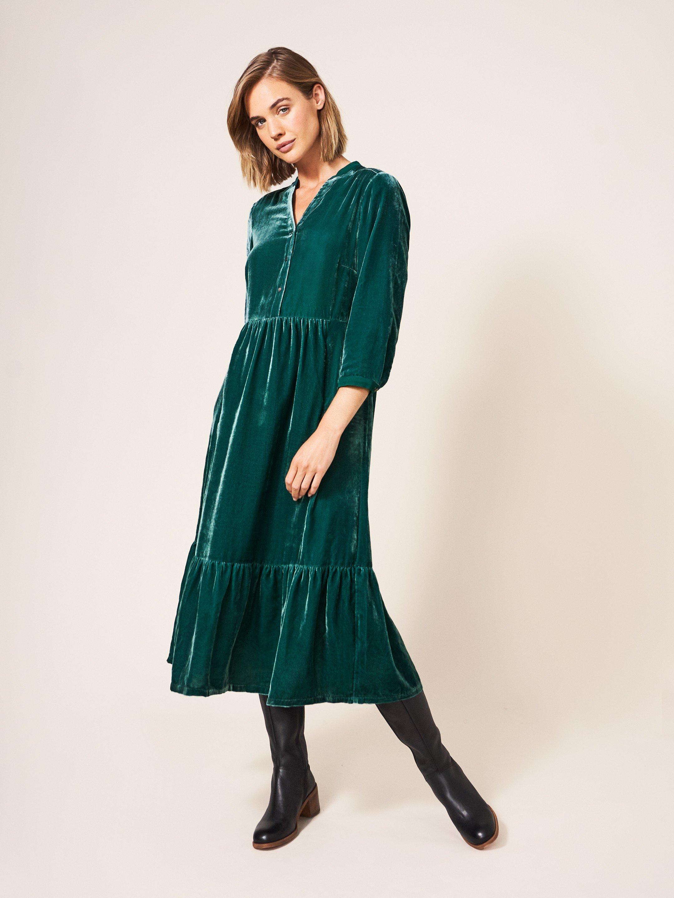 White Stuff Cleo Velvet Mix Dress, Teal, £89.00