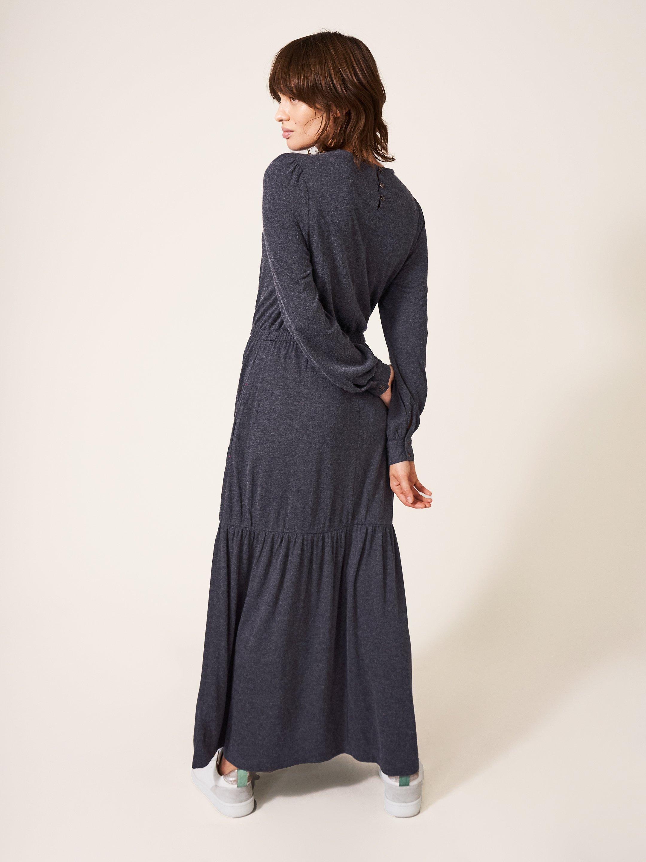 Olive Wool Mix Jersey Dress in CHARC GREY - MODEL BACK