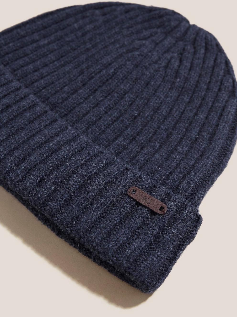 Fisherman Ribbed Beanie in DARK NAVY - FLAT DETAIL