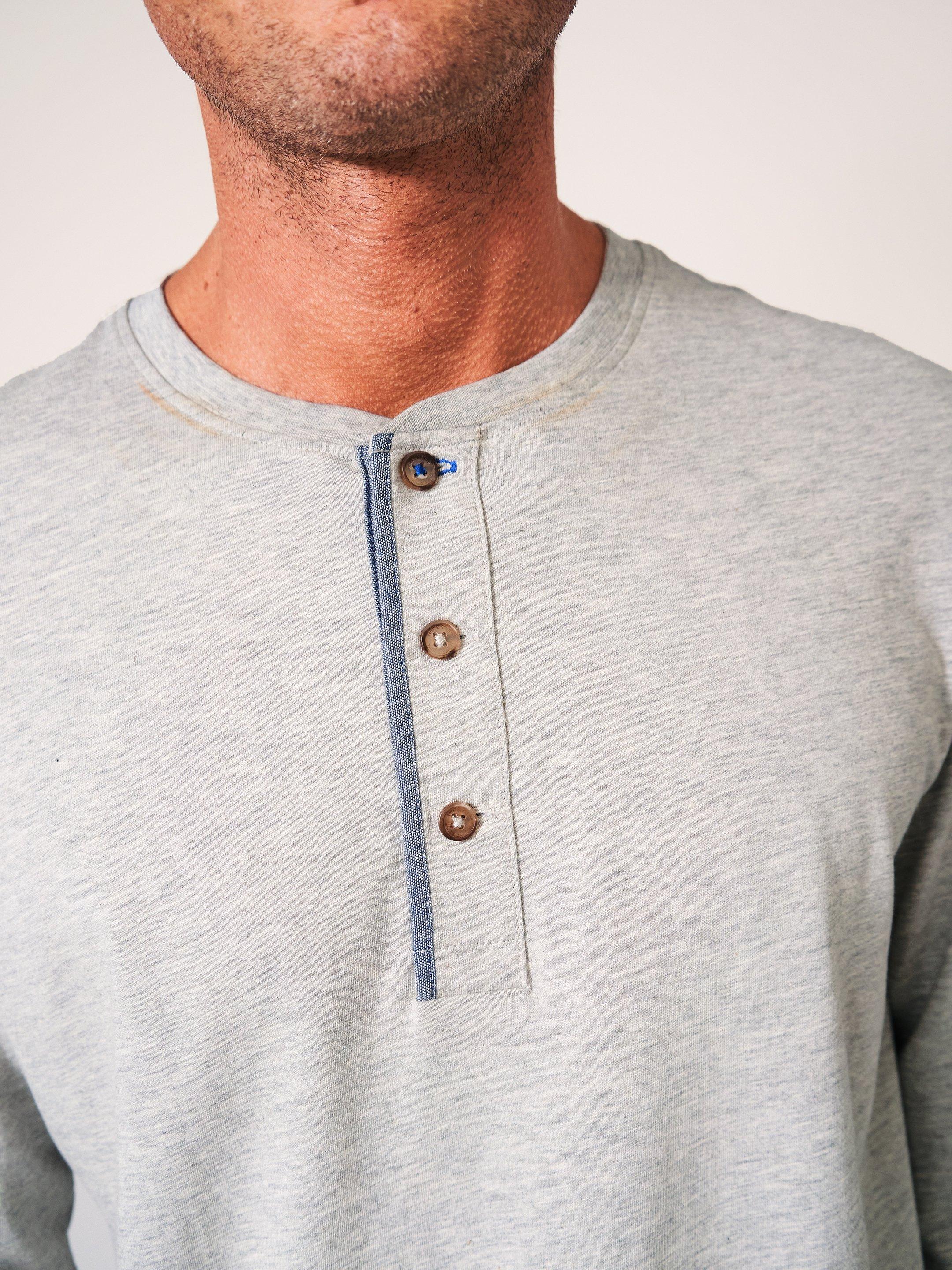 Newhall Mercerised Henley in GREY MARL - MODEL FRONT