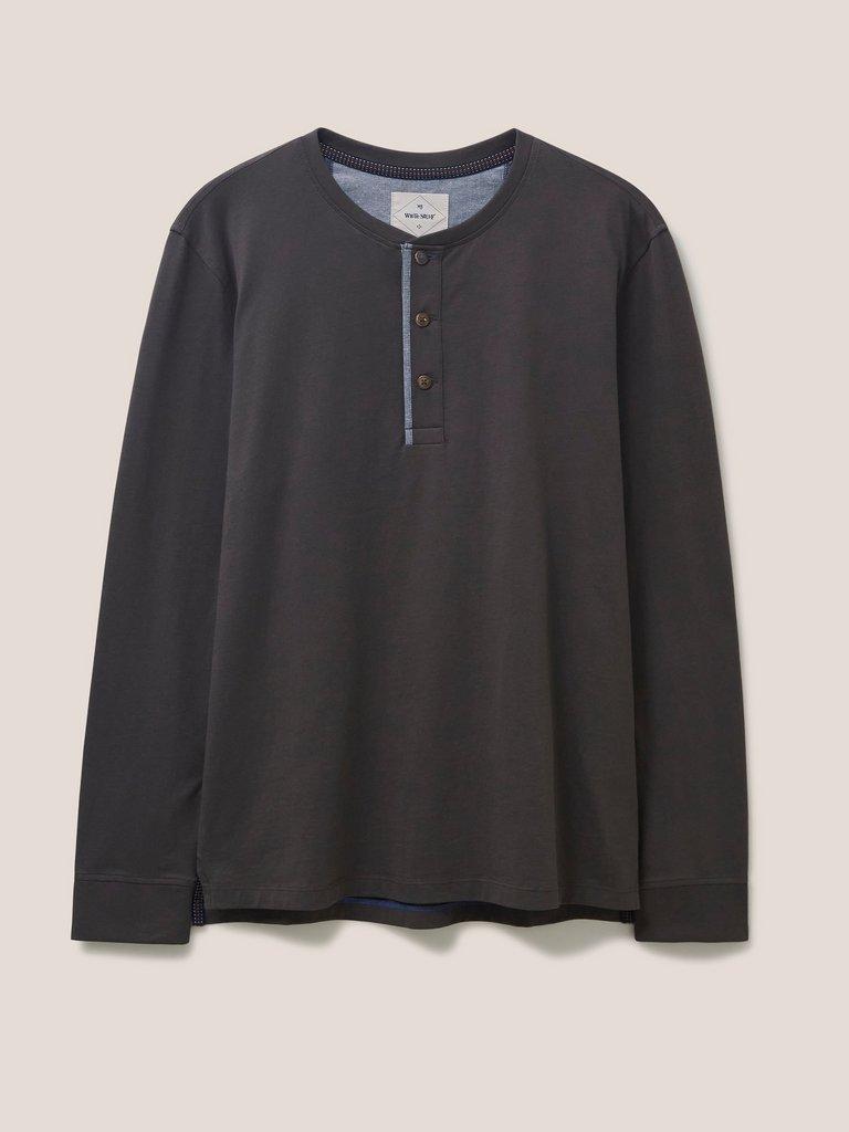 Newhall Mercerised Henley in WASHED BLK - FLAT FRONT