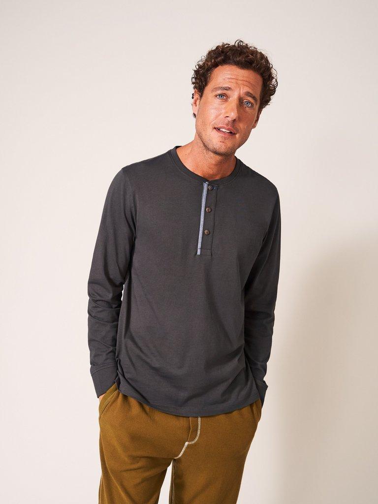 Newhall Mercerised Henley in WASHED BLK - MODEL BACK