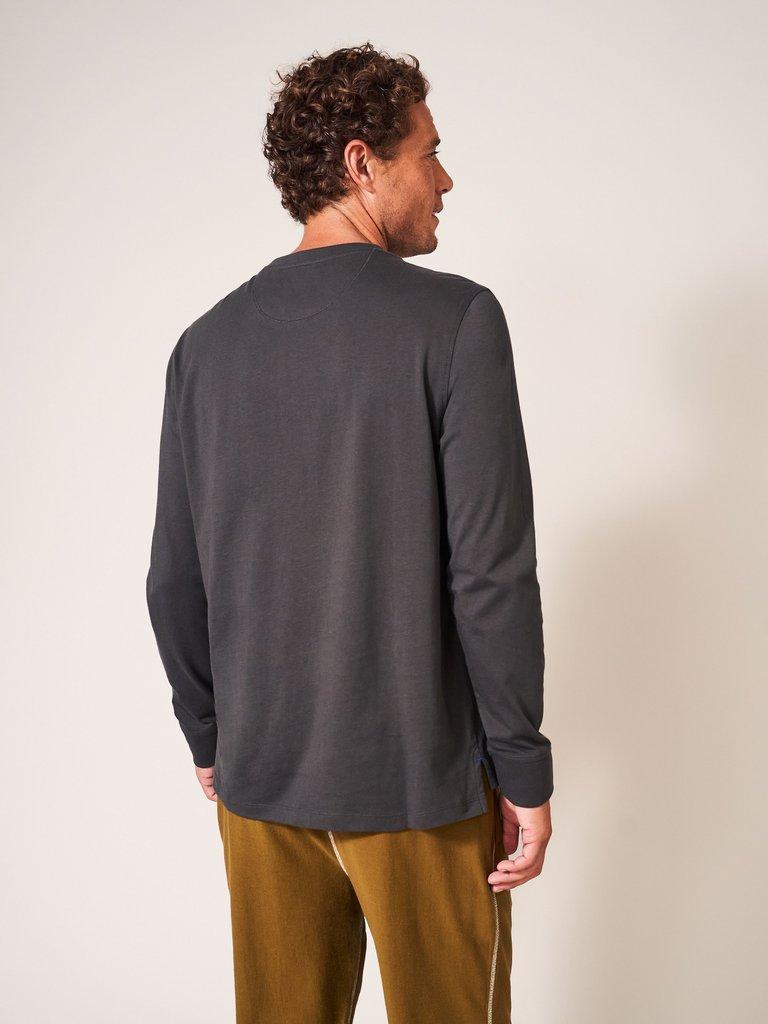Newhall Mercerised Henley in WASHED BLK - MODEL DETAIL