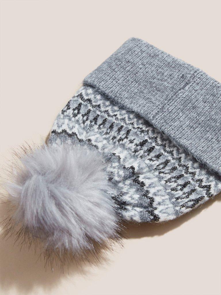 Metallic Fairisle Hat in GREY MLT - FLAT BACK