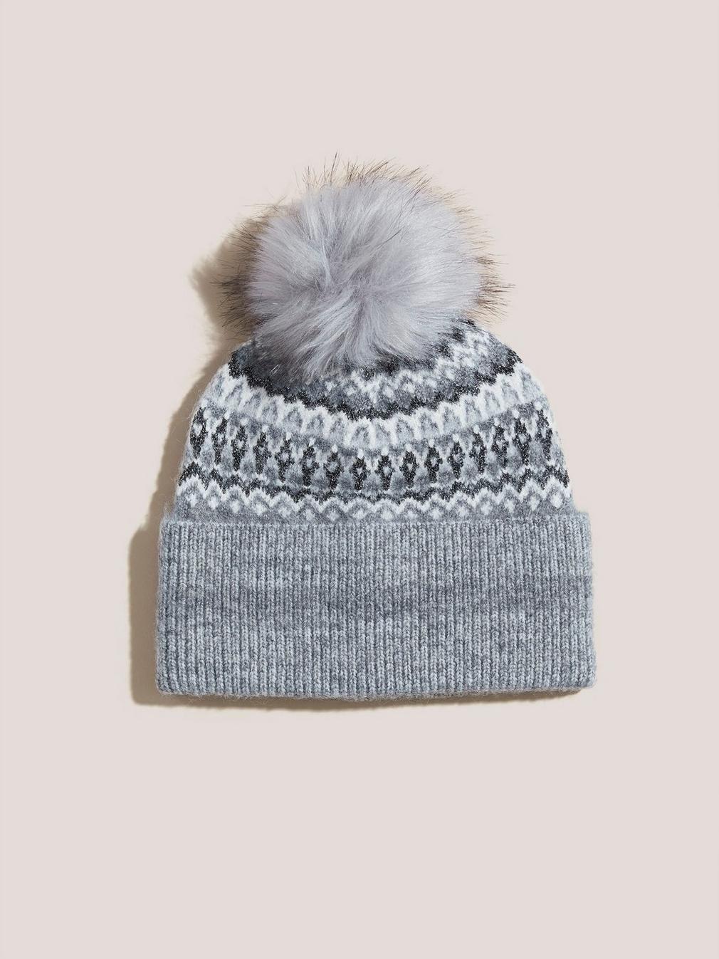 Metallic Fairisle Hat in GREY MLT - FLAT FRONT