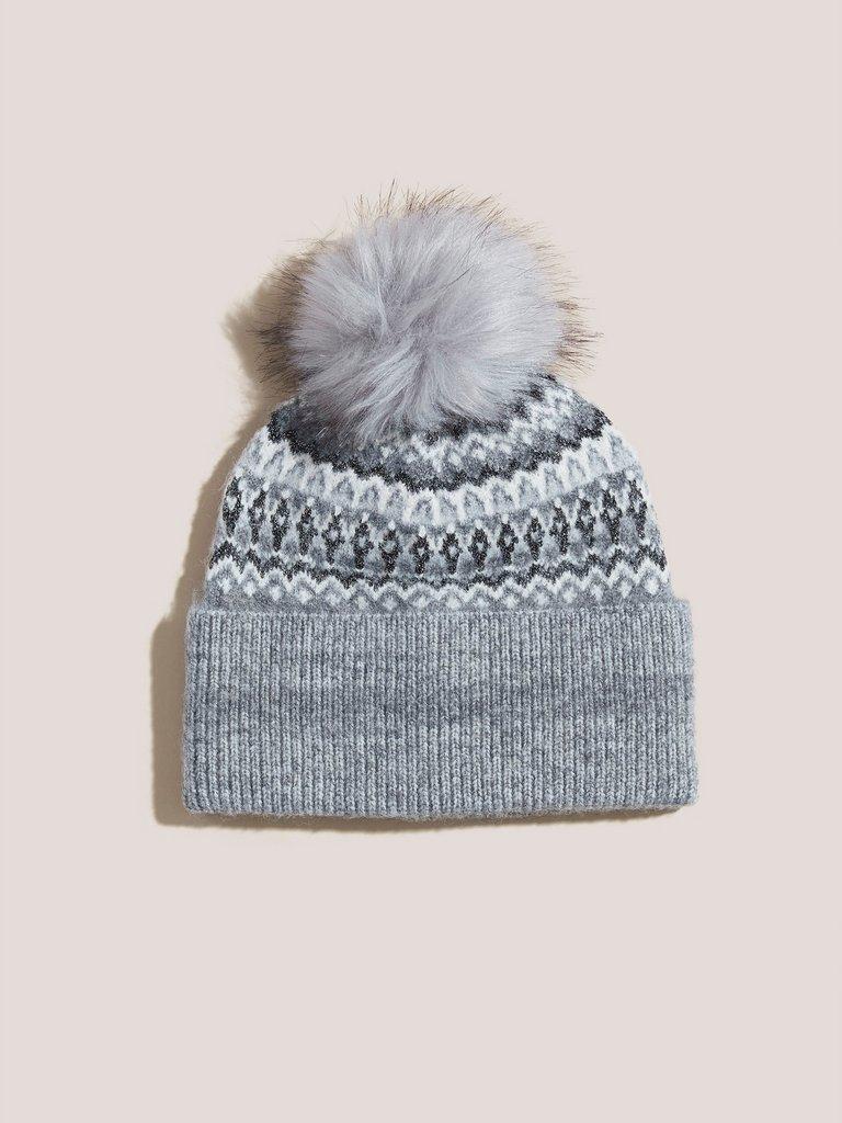 Metallic Fairisle Hat in GREY MLT - FLAT FRONT