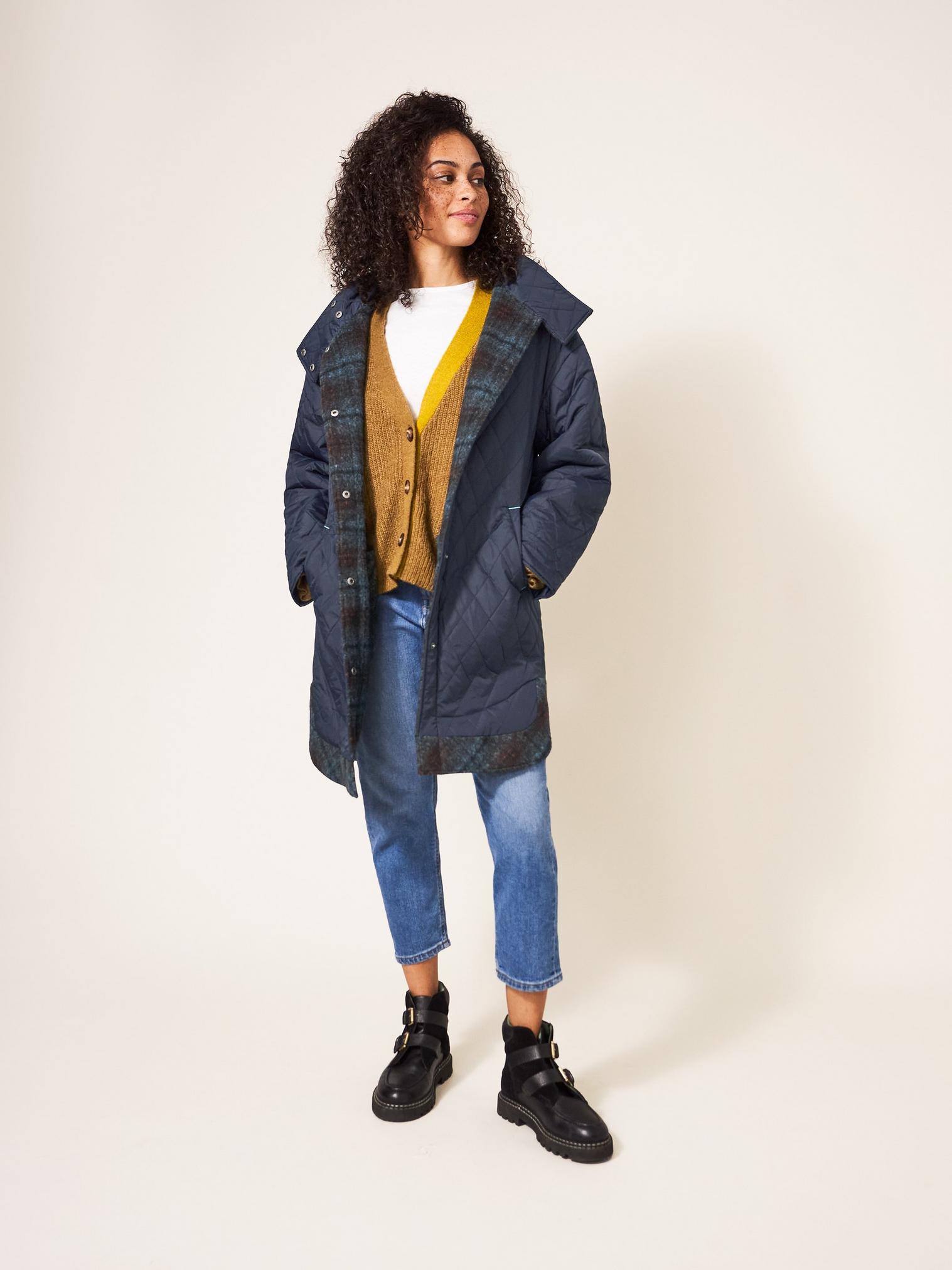 Maggie Reversible Coat in NAVY MULTI - LIFESTYLE