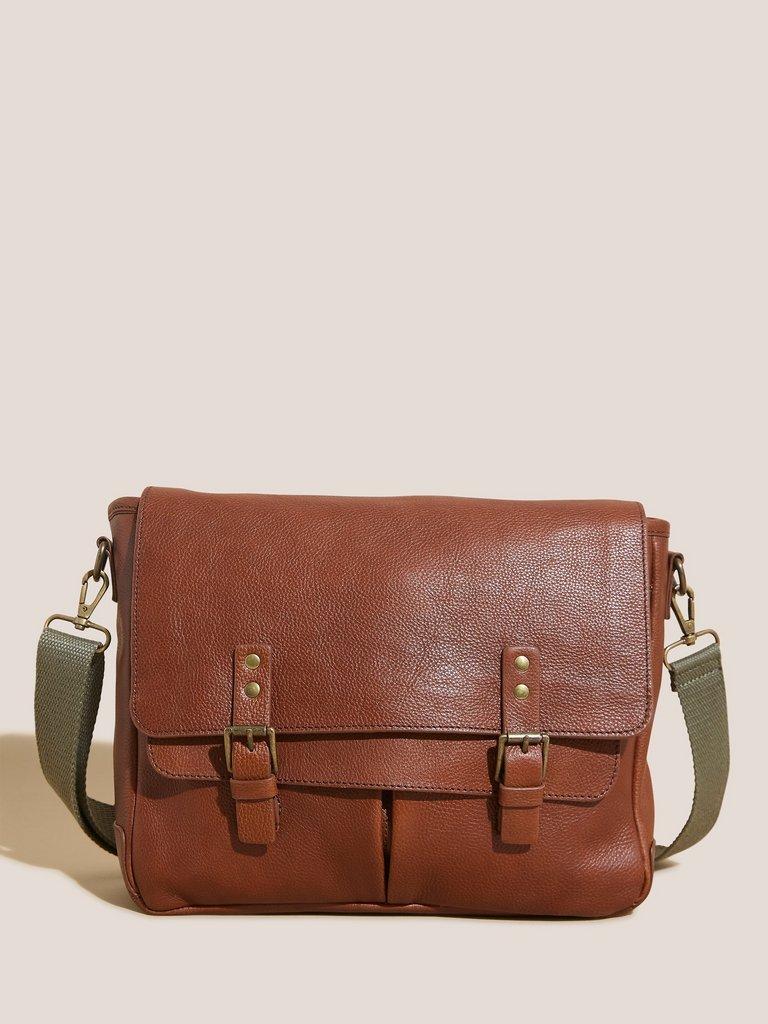 Bobby Leather Messenger in MID BROWN - MODEL FRONT