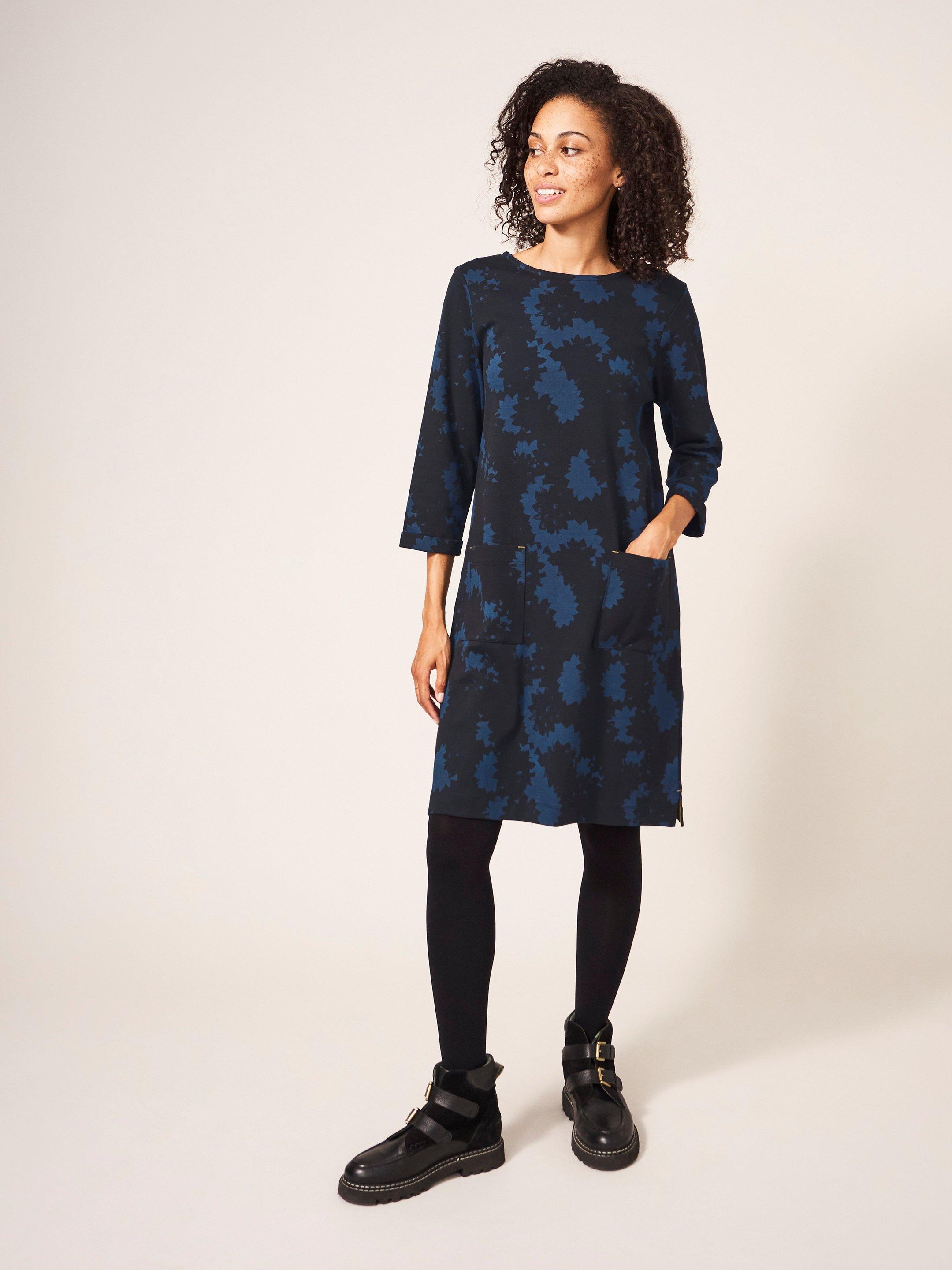 Albie Organic Jersey Dress in BLUE MLT - MODEL FRONT