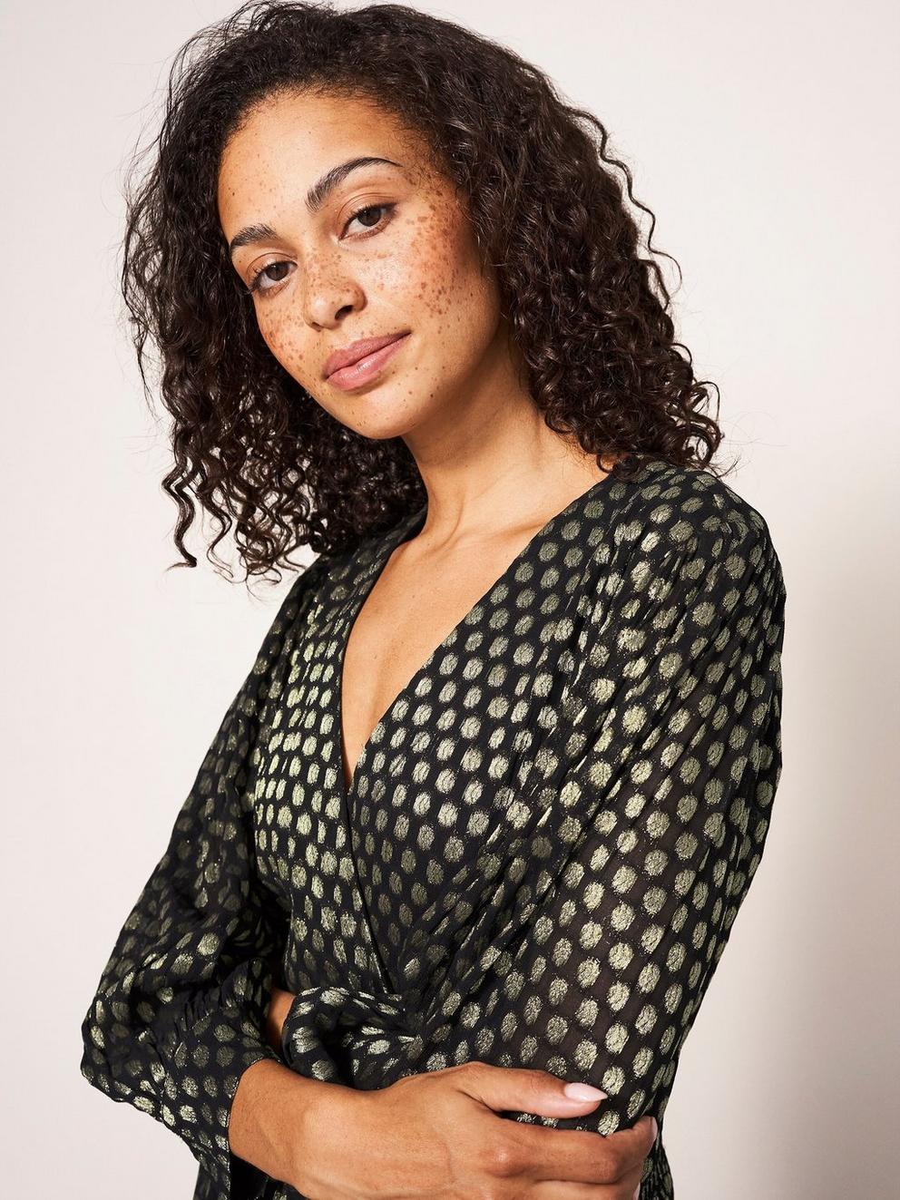 Paula Metallic Dress in BLK MLT - MODEL FRONT