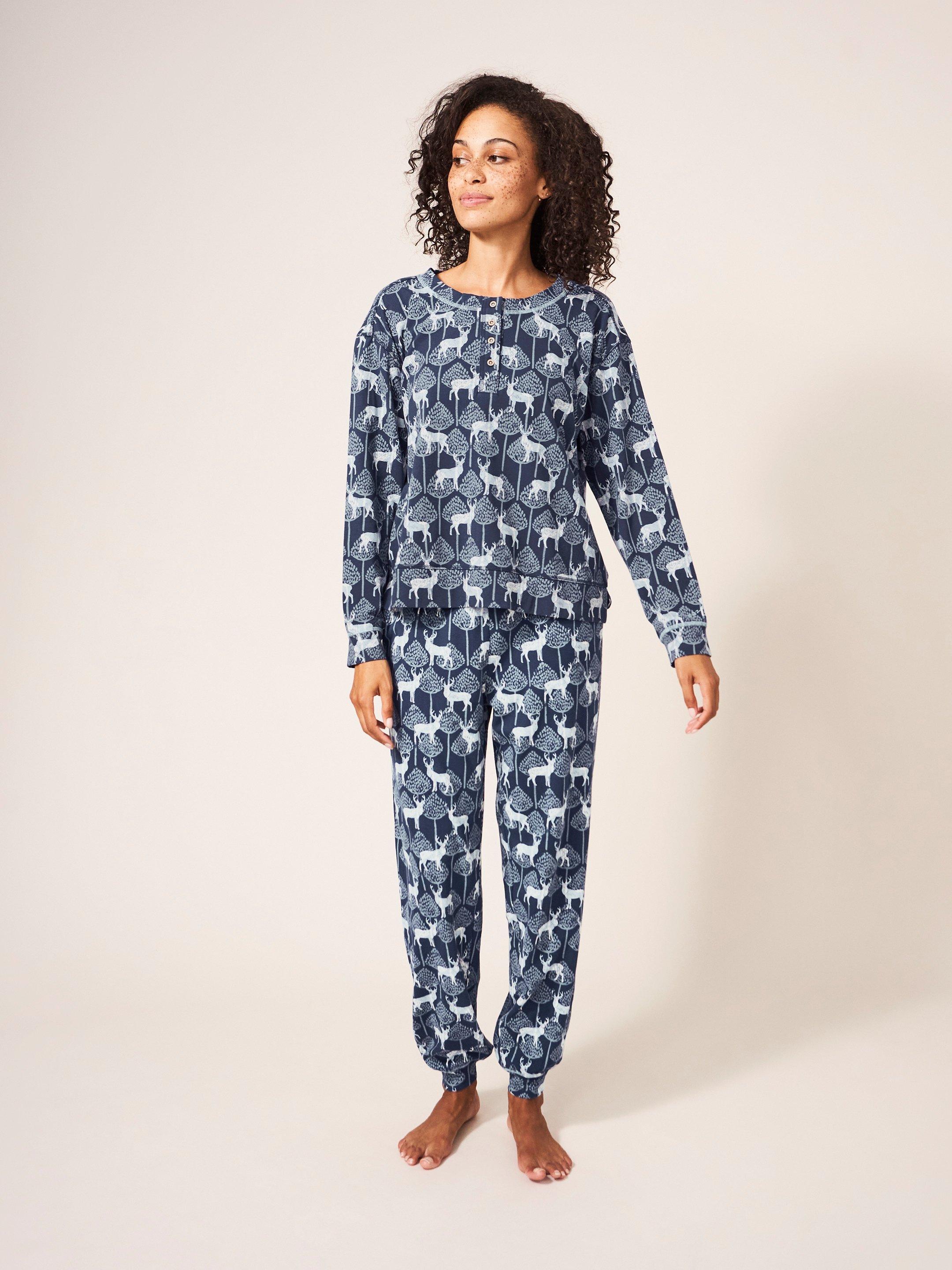 Stag Family Time Jersey Pyjama Top in NAVY MULTI - MODEL FRONT