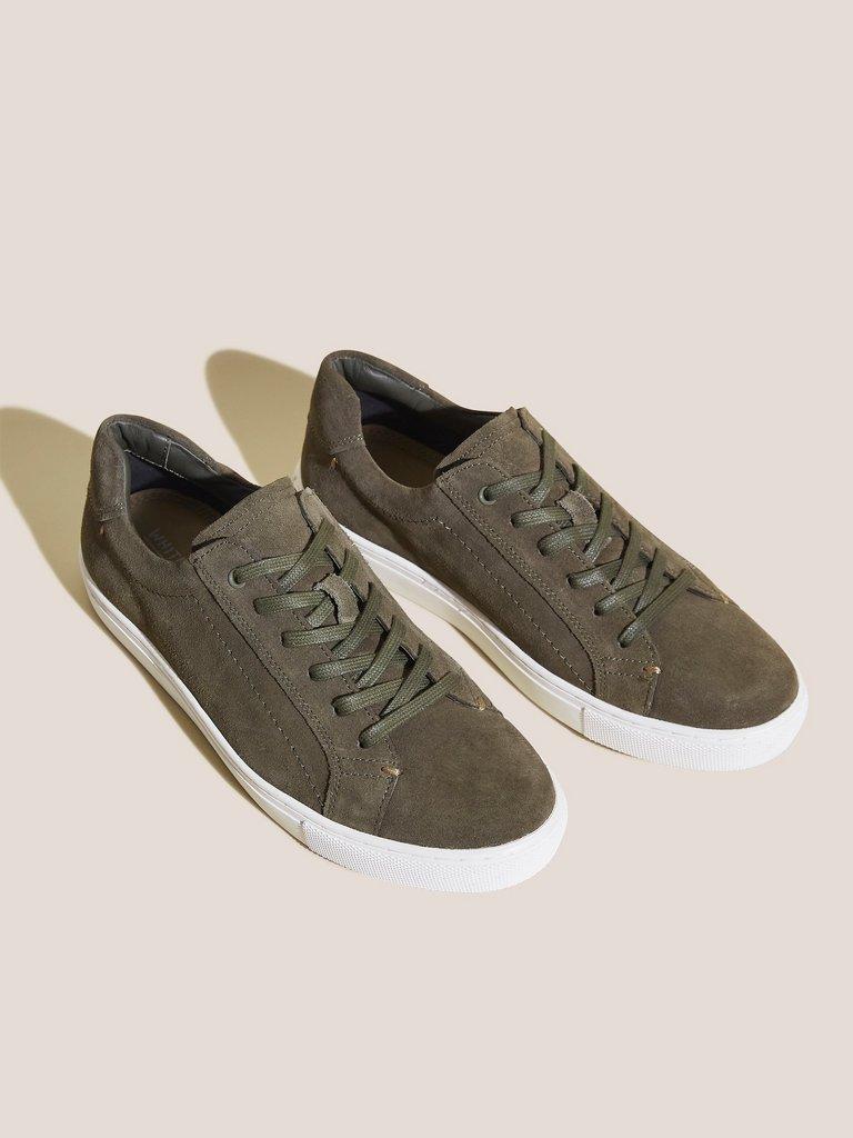 Woody Leather Trainer in KHAKI GRN - FLAT FRONT