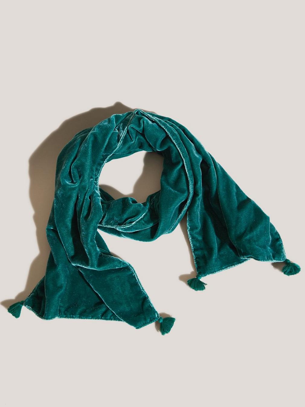 Plain Velvet Scarf in MID TEAL - MODEL FRONT