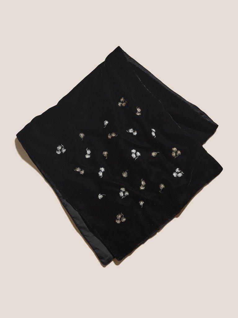 Embroidered Velvet Scarf in BLK MLT - MODEL FRONT