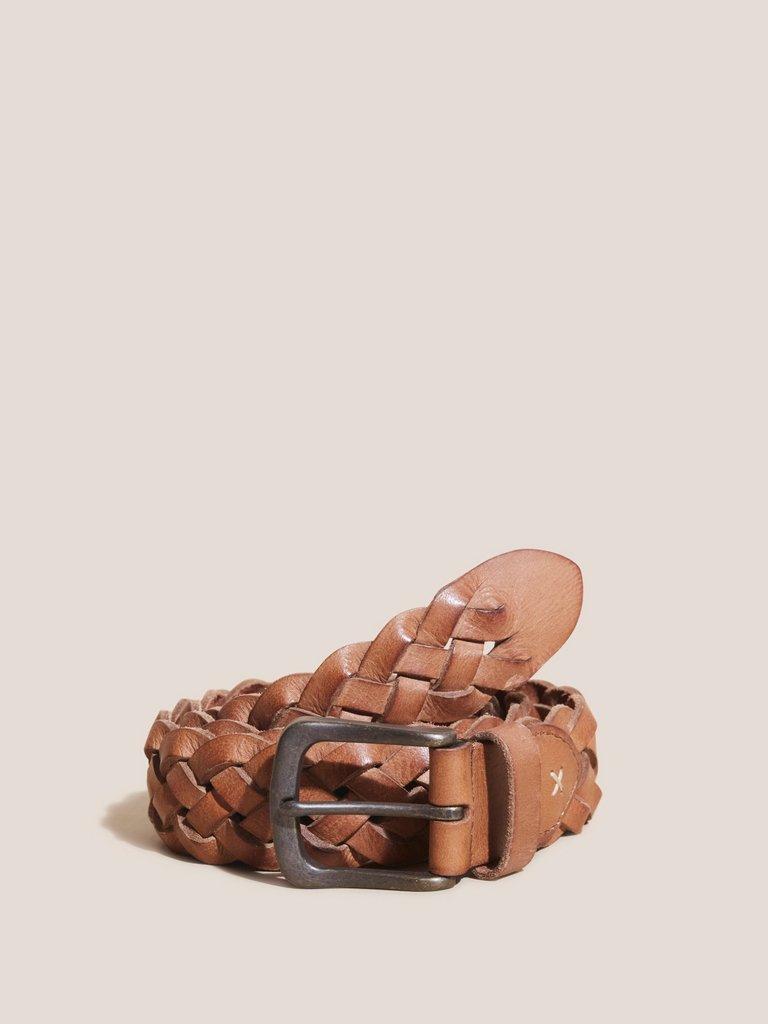 Weave Leather Belt in MID TAN - MODEL FRONT