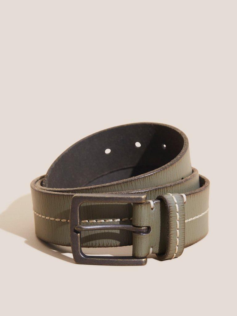 Leather Stitch Belt in KHAKI GRN - MODEL FRONT