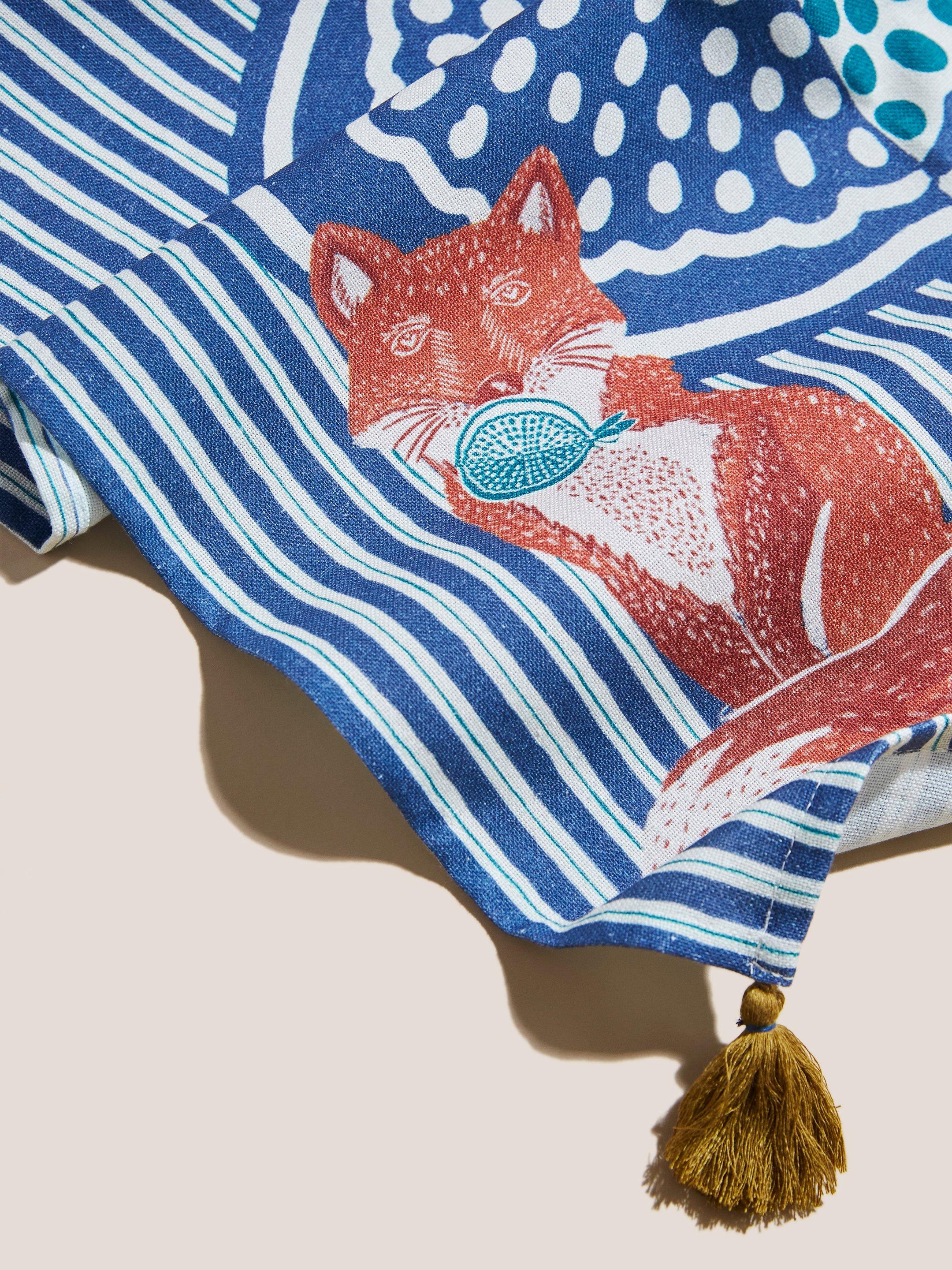 Pomergranate and Fox Tea Towel in BLUE MLT - FLAT DETAIL