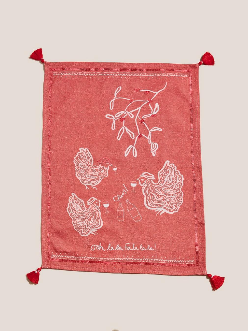 French Hens Tea Towel in RED MLT - FLAT BACK