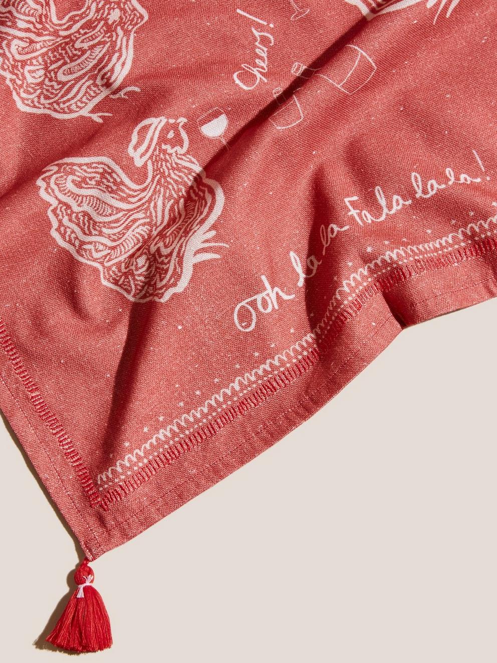 French Hens Tea Towel in RED MLT - FLAT DETAIL