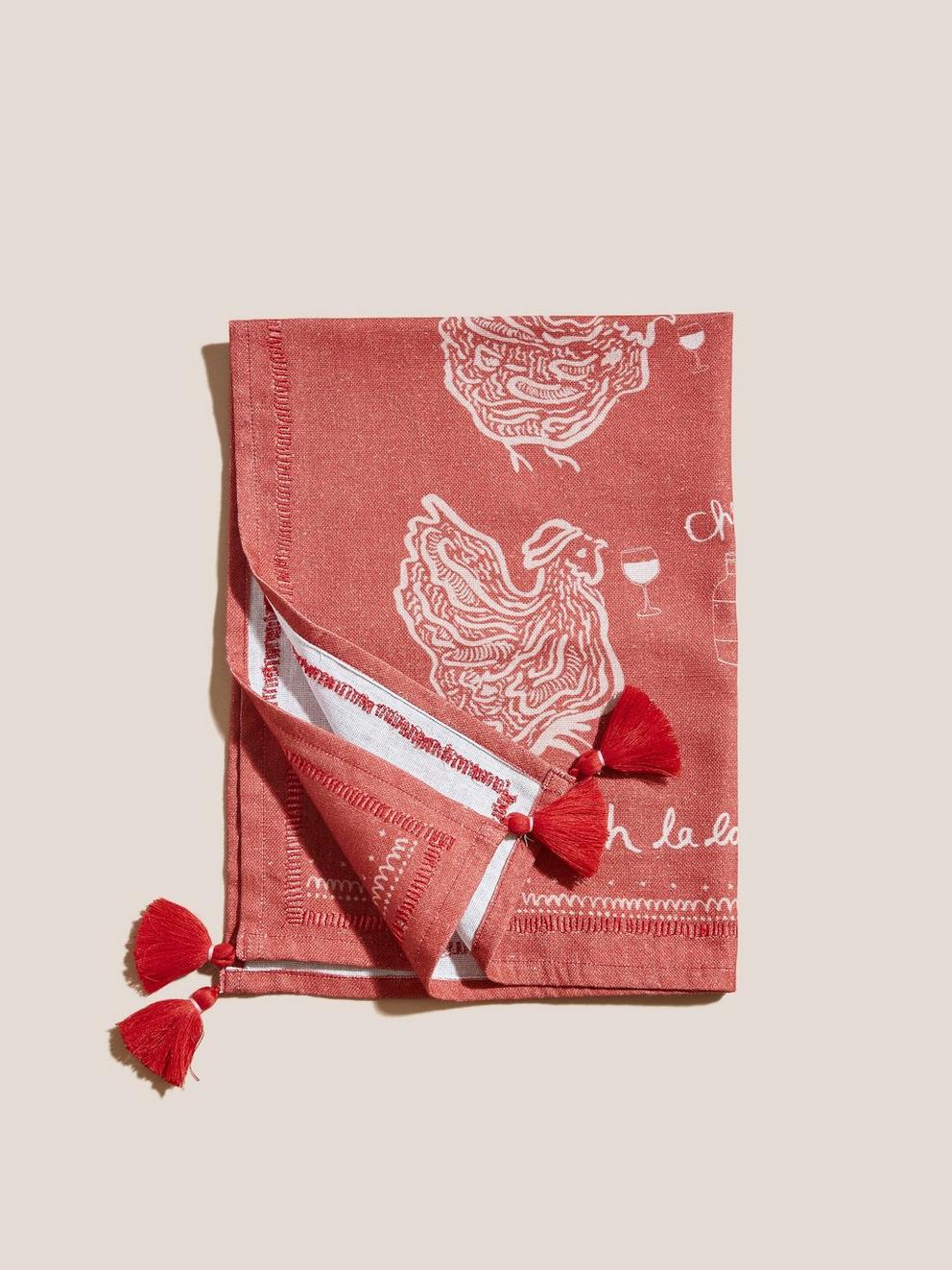 French Hens Tea Towel in RED MLT - FLAT FRONT