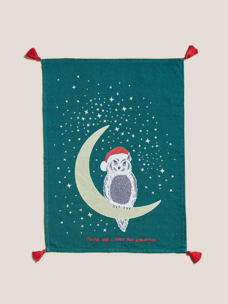 Owl I Want For Xmas Tea Towel in NAVY MULTI - FLAT BACK